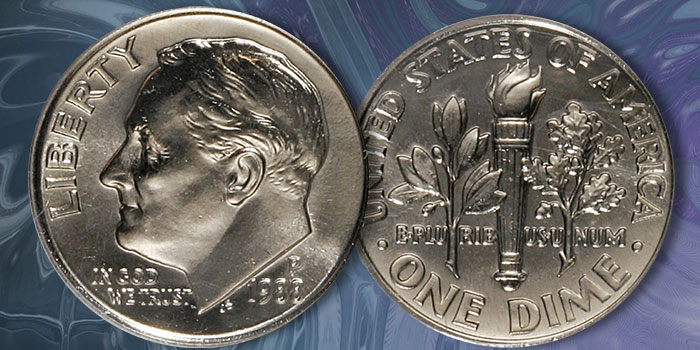 Side-by-side comparison of 1988 Roosevelt dime reverse torch without Full Bands (left) vs with Full Bands separation (right)