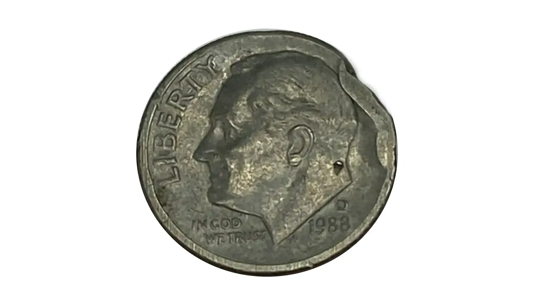 1988 dime clipped planchet error showing curved metal missing from the coin edge and Blakesley effect on opposite rim