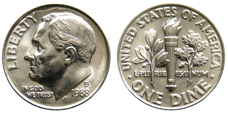 Group of 1988 Roosevelt dimes from Philadelphia, Denver, and San Francisco proof showing all three mint marks