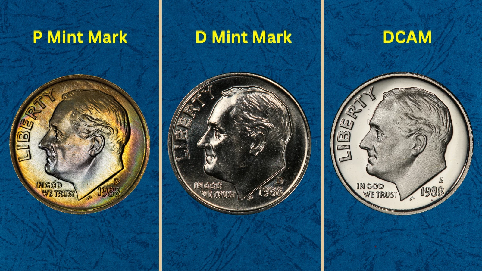 1988 Roosevelt dime grading strip showing four examples from worn to gem uncirculated condition
